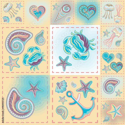 Vector patchwork nautical patterns.  Use to create quilting patches or seamless backgrounds for various craft projects