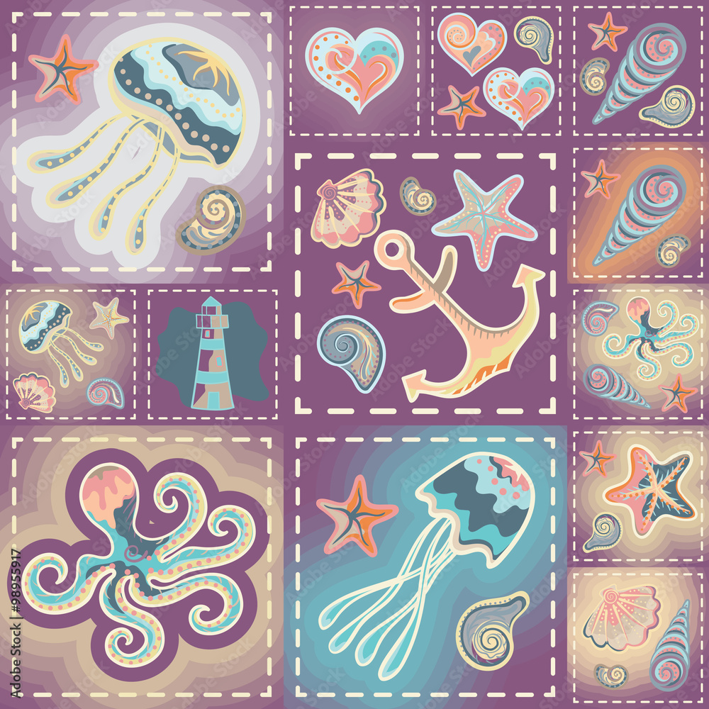 Naklejka premium Vector patchwork nautical patterns. Use to create quilting patches or seamless backgrounds for various craft projects