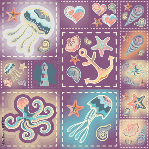 Vector patchwork nautical patterns.  Use to create quilting patches or seamless backgrounds for various craft projects