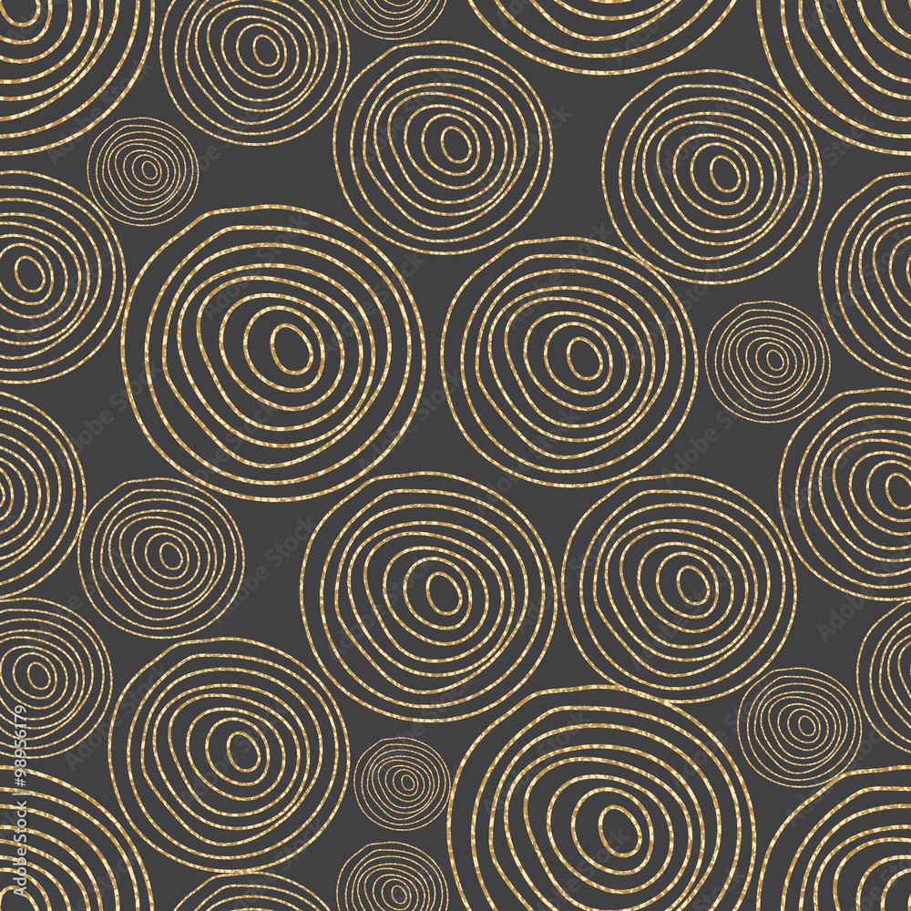 Glitter shimmer spiral circles seamless pattern gold on black. Glitter shimmer spiral circles seamless pattern gold on black.