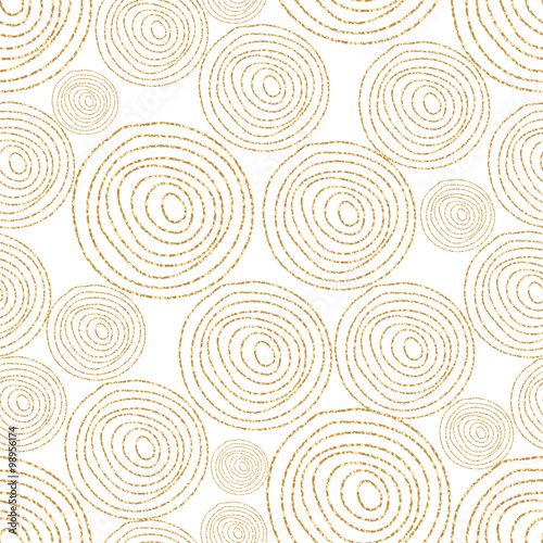 Glitter shimmer spiral circles seamless pattern gold on white.