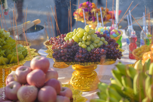 Food or vegetable or fruit offerings for the gods of Thailand cu photo