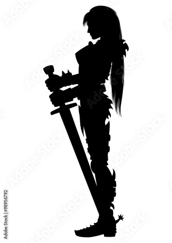 Guardian knight woman silhouette. Illustration girl warrior silhouette in knight armor with two-handed sword