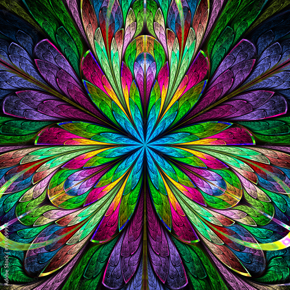 Fototapeta premium Multicolored symmetrical fractal flower in stained-glass window