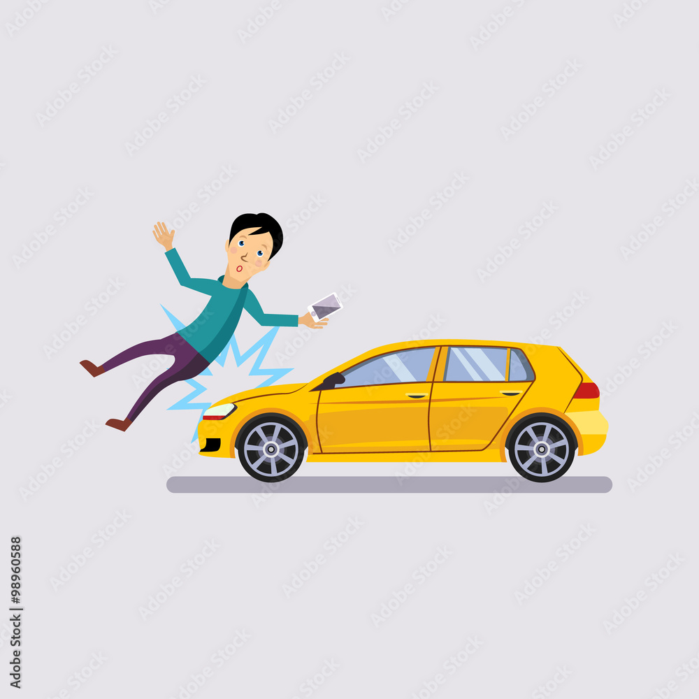 Traffic accident, the vehicle knocked the man flat style vector Traffic accident, the vehicle knocked the man flat style vector