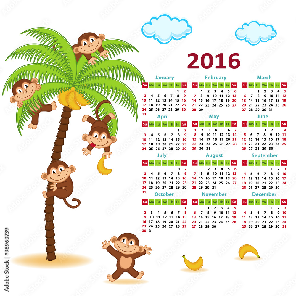 Fototapeta premium Calendar with monkeys on palm 2016 - vector illustration, eps