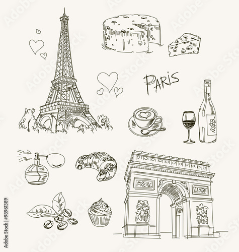 Freehand drawing Paris items on a sheet of exercise book. Eiffel Tower. Arc de Triomphe. Vector illustration. Isolated on white background
