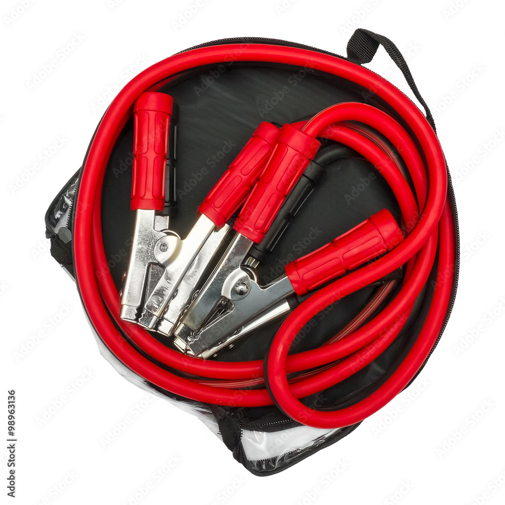 Red and black jumper cables in bag Red and black jumper cables in bag
