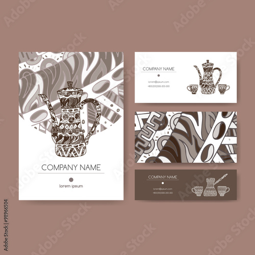 Business set based on coffee pot and cups with ethnic pattern.