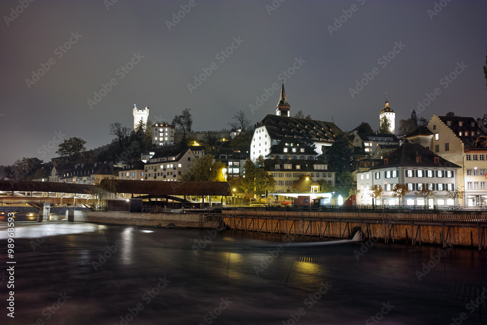 Night panorama Lucern and Reuss River, Canton of Lucerne, Switzerland