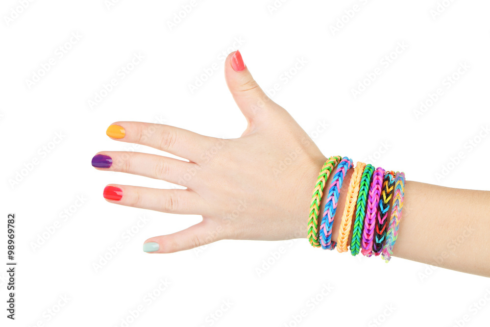 Loom bracelets on hand of young girl