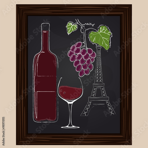 wine bottle and glass on background eifel tower