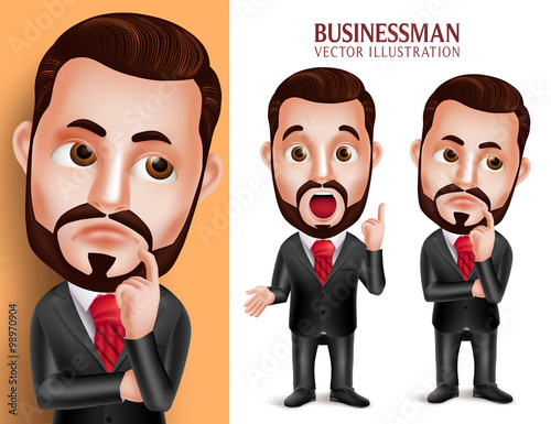 3D Realistic Professional Business Man Vector Character in Attractive Corporate Attire Thinking Idea Isolated in White Background. Set of Vector Illustration
