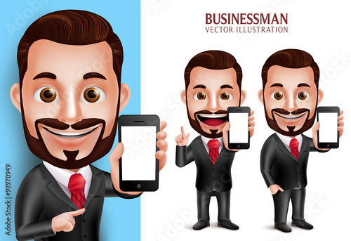 3D Realistic Professional Business Man Vector Character Holding Mobile Phone with Blank Screen Isolated in White Background. Set of Vector Illustration
