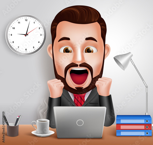 3D Realistic Professional Business Man Vector Character with Shocked and Surprised Expression Working in Office Desk with Laptop Computer. Vector Illustration
