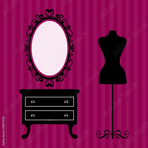 vintage table and mirror oval and mannequin on the background