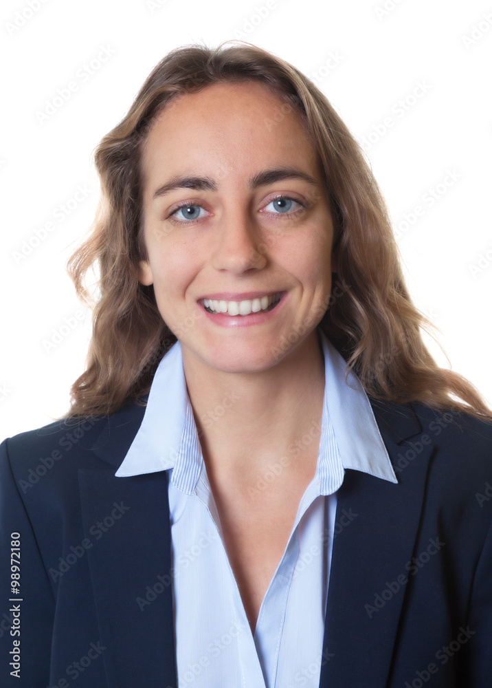 Passbild einer jungen Frau mit blauen Augen und Blazer Passbild einer jungen Frau mit blauen Augen und Blazer