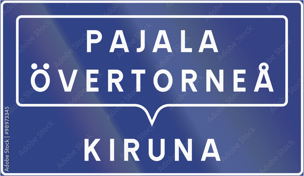 Road sign used in Sweden - Grouped destinations (i.e. For Pajala and Overtornea, follow signs for Kiruna)