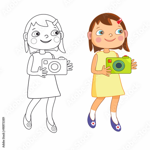 Obraz na płótnie Dziewczynka z aparatem fotograficznym - kolorowanka w salonie
