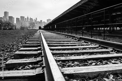 Train tracks with Manhattan in the background