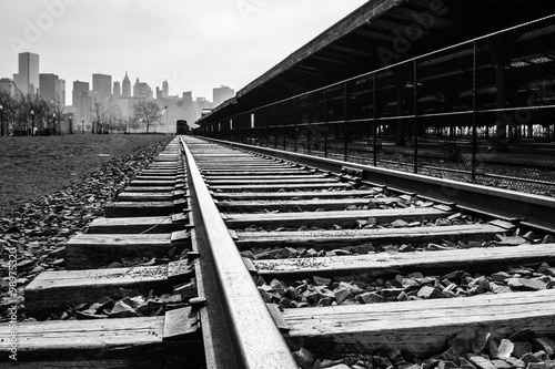 Photography Train tracks with Manhattan in the background