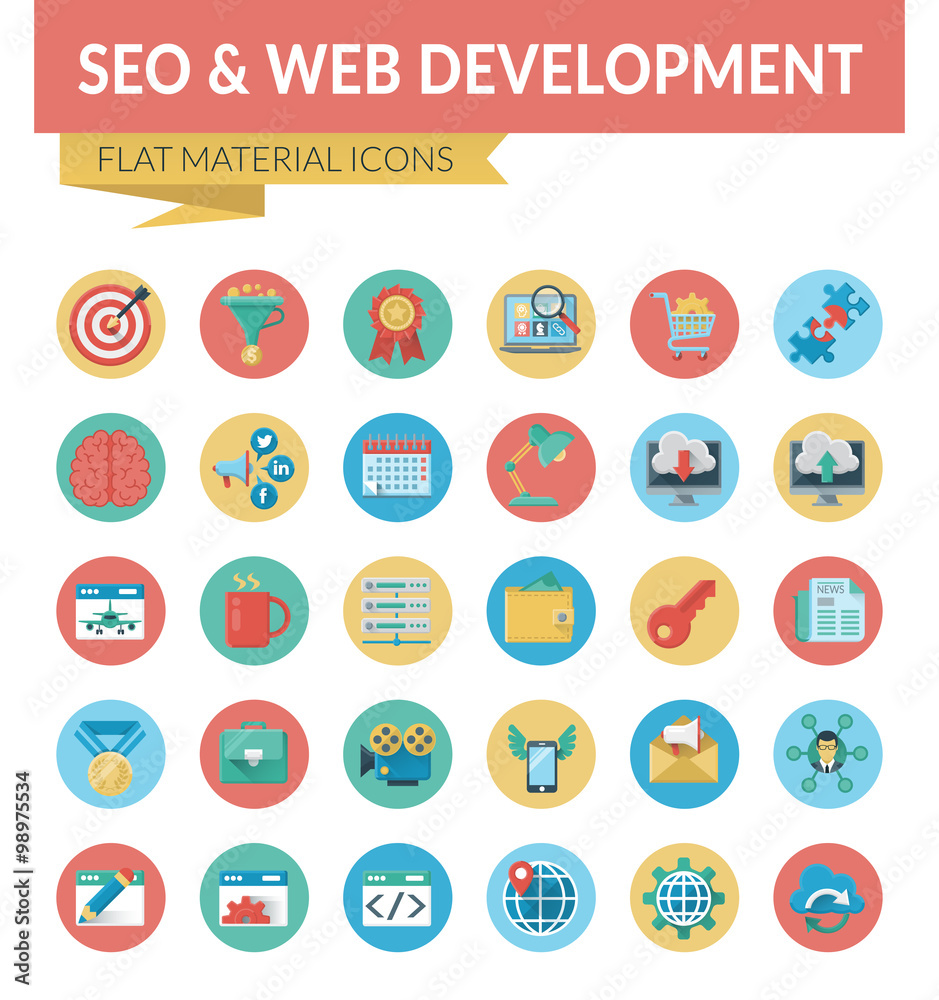 SEO & WEB DEVELOPMENT. Trendy Material Design Icons pack for designers and developers. Icons for seo and web development, for websites and mobile websites and apps.