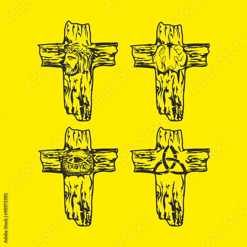 	Set of crosses. Jesus, God, Trinity, Crown of thorns, Christian symbols