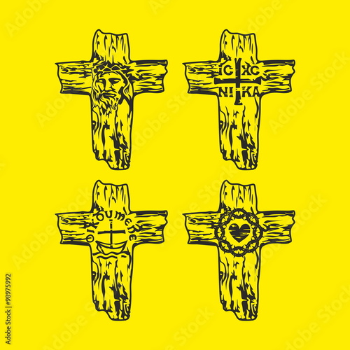 	Set of crosses. Jesus, God, Trinity, Crown of thorns, Christian symbols