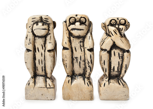 Three figures of monkeys on a white background. See nothing, hear nothing, do not say anything.