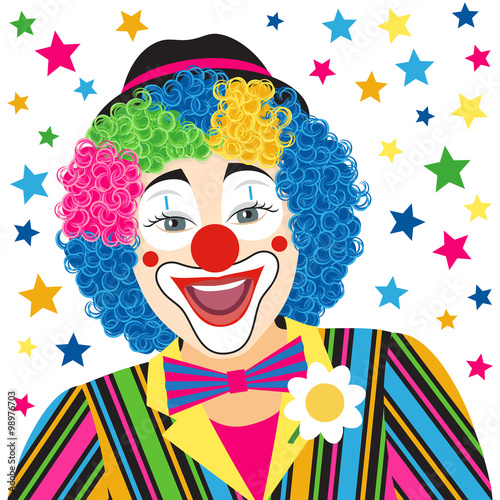 Foreground smiling clown isolated on white background