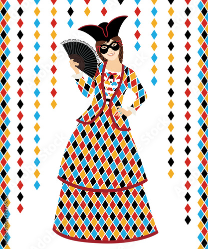Girl with Columbine costume and hand fan on white background