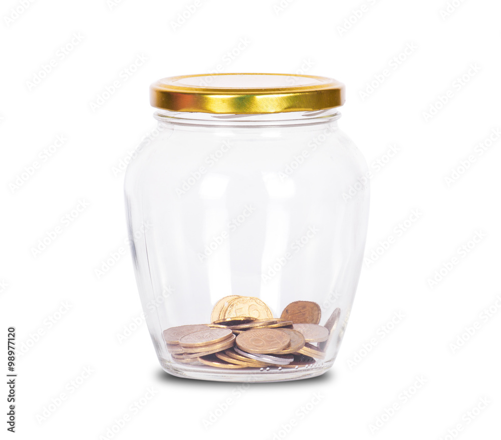 Coins in glass money jar