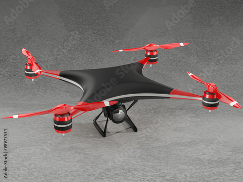 black quadcopter drone with HD camera on gray background photo