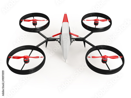 quadrocopter drone with red propeller on a white background