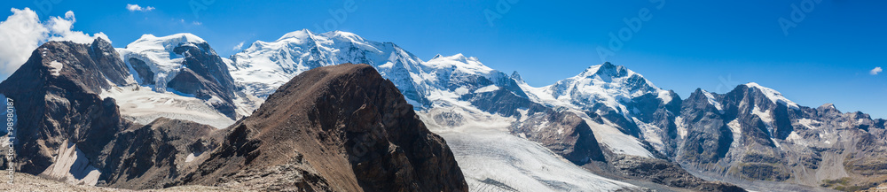 Panorama view of Bernina massive and glacier