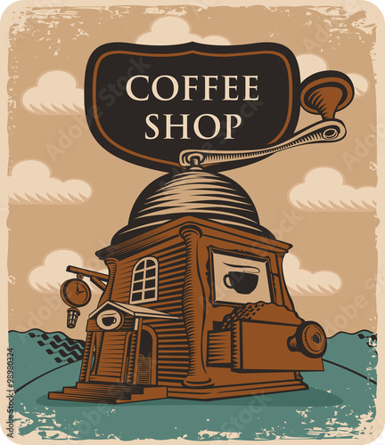 Retro banner with the coffee grinder coffee shop
