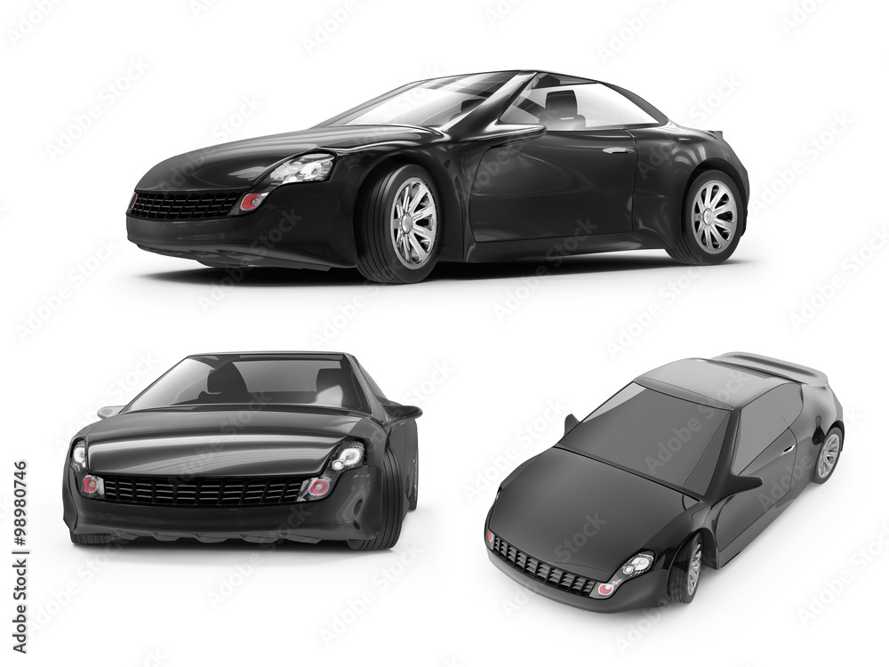 concept of a black sports car on white background, 3d rendered illustration concept of a black sports car on white background, 3d rendered illustration