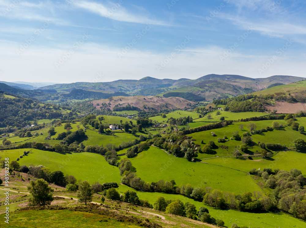 View over Llangedwyn valley with fields and meadows View over Llangedwyn valley with fields and meadows
