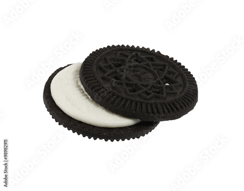 Close up isolated black cookies like oreo against hite background, computer ggenerated image in high definition