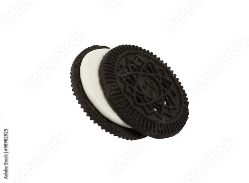 Close up isolated black cookies like oreo against hite background, computer ggenerated image in high definition