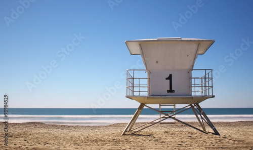 Classic California life guard station on a bright blue day