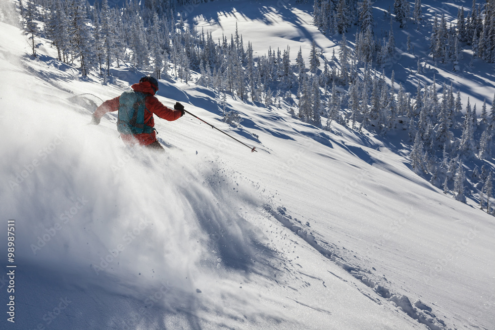 Extreme skier go down the mountain slope