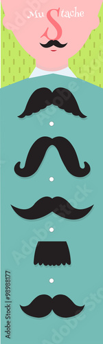 A man in a blue shirt and 5 kinds of mustaches