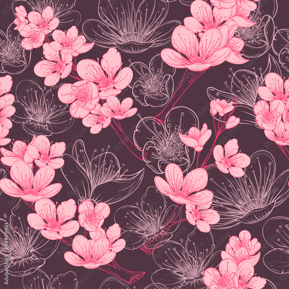 Obraz premium Seamless pattern with cherry tree blossom. Vintage hand drawn vector illustration in sketch style.