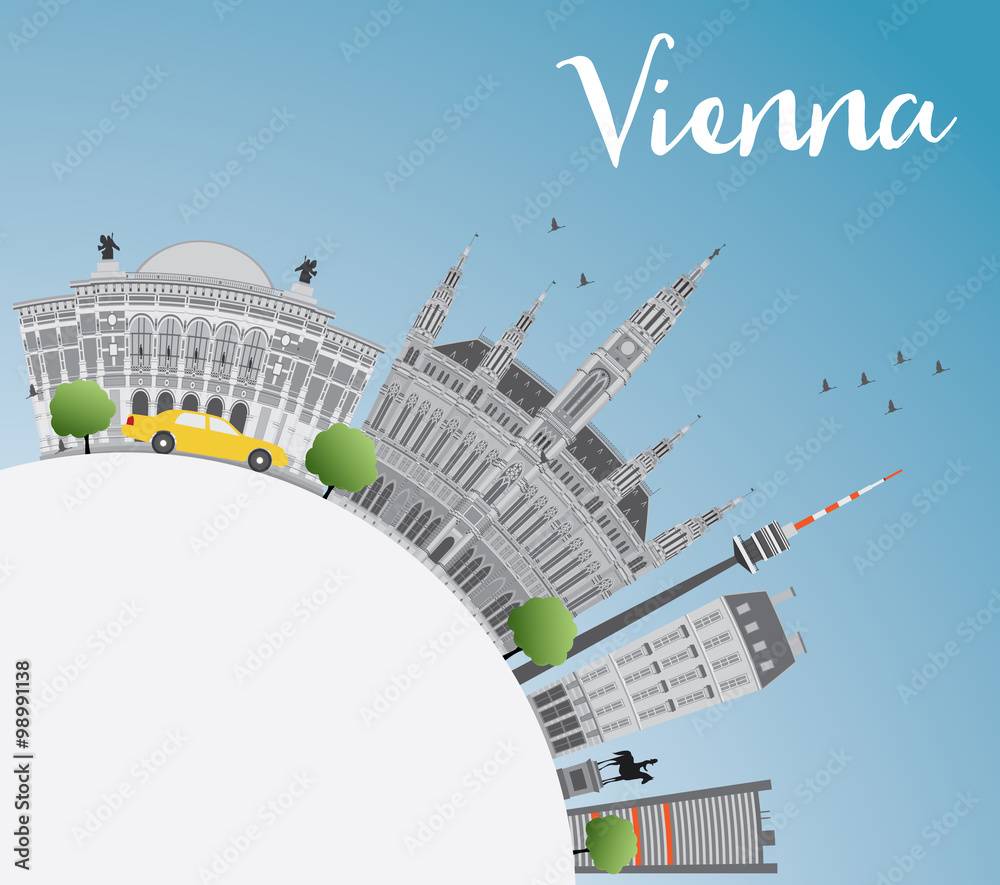 Vienna Skyline with Gray Buildings, Blue Sky and Copy Space. Some elements have transparency mode different from normal.
