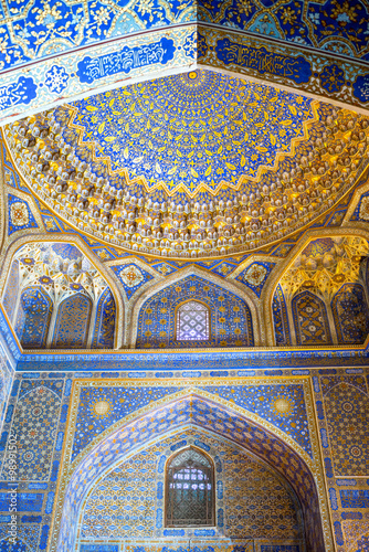 Uzbekistan, Samarkand, the wonderful decorations of the Bibi Khanim mosque in...