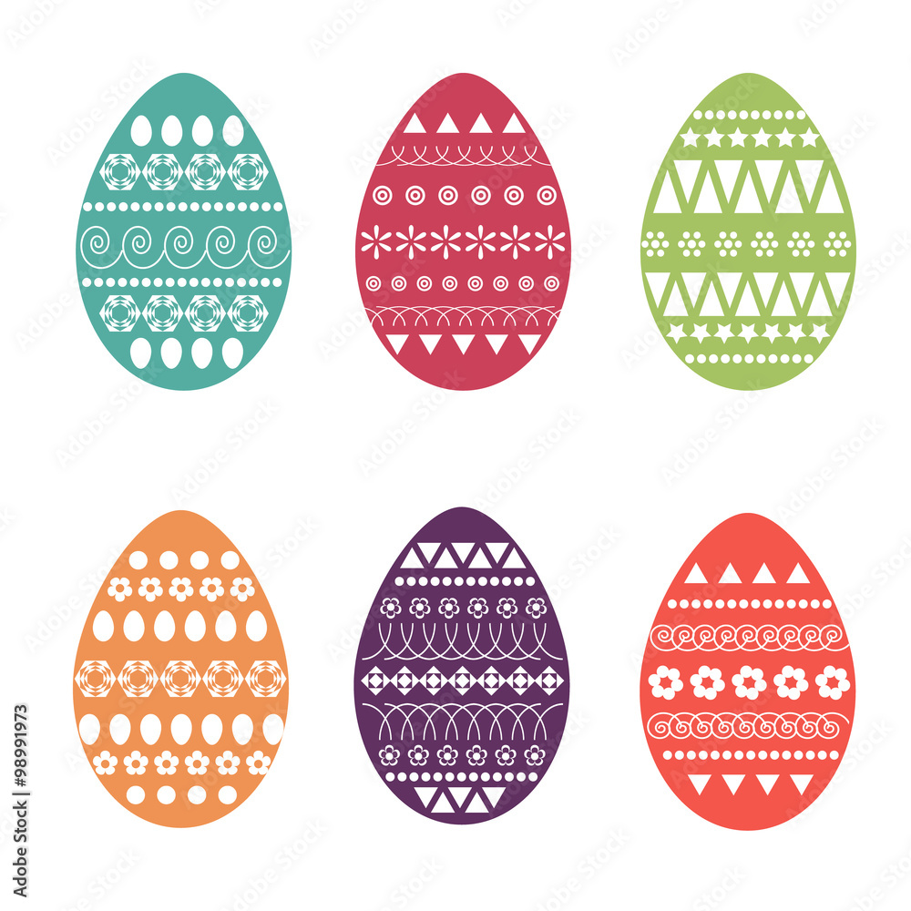Vector flat set of colourful and ornate easter eggs. Fresh and spring design for greeting cards, textile, booklet, fabric, sticker. Dots, flowers, stripes, curves, ovals, triangles Vector flat set of colourful and ornate easter eggs. Fresh and spring design for greeting cards, textile, booklet, fabric, sticker. Dots, flowers, stripes, curves, ovals, triangles