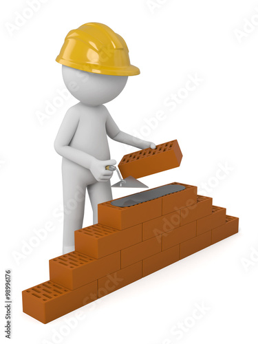3d people building a brick wall. 3d image. Isolated white background