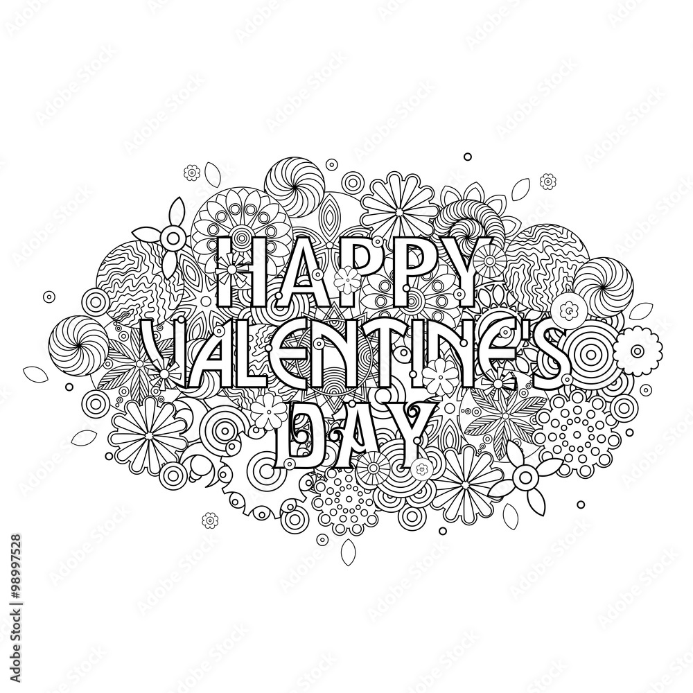 Happy Valentine's day design. Cloud shape pattern with sign. Floral  imitation of retro doodle hand drawing with pen for coloring book for  adults. Stock Vector | Adobe Stock