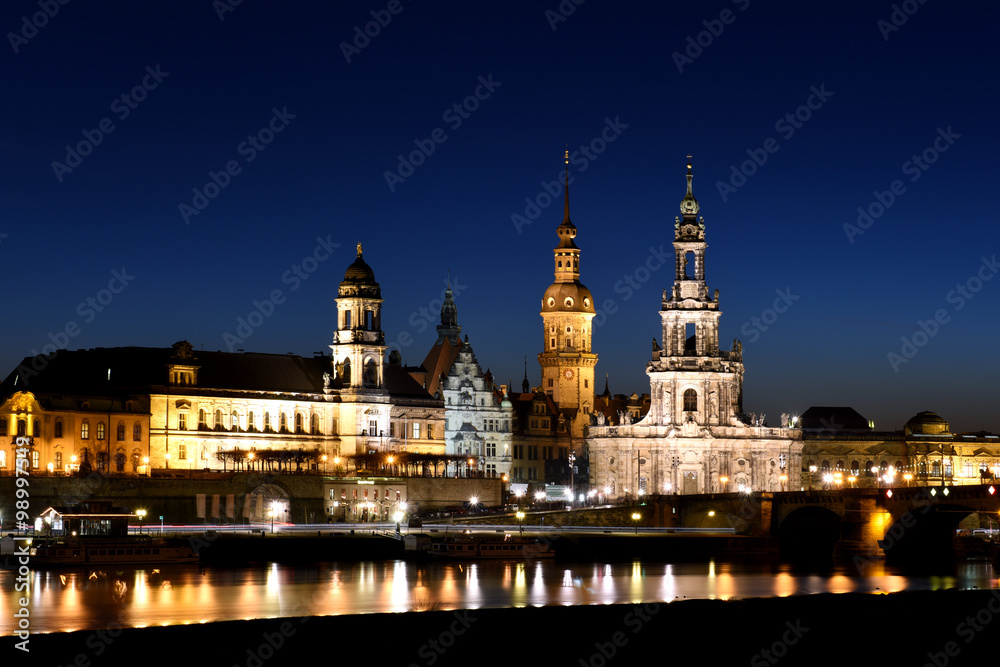 Dresden, Germany - The Catholic Church of the Royal Court of Saxony seen from the Elbe river at sunset.